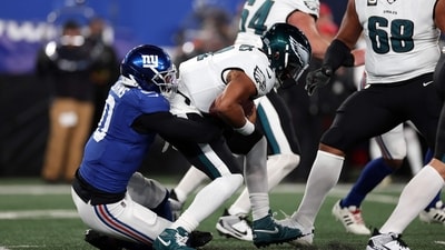 Eagles used the tush push five times in a row during a play against the New York Giants in TNF. (Getty Images via AFP) Eagles used the tush push five times in a row during a play against the New York Giants in TNF. (Getty Images via AFP)