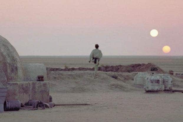 A still from Star Wars: Episode IV – A New Hope shows Tatooine, with its twin suns. A still from Star Wars: Episode IV – A New Hope shows Tatooine, with its twin suns.