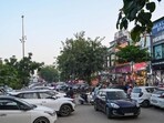 People face parking problems at Sector 14 HUDA Market on Friday. (Parveen Kumar/HT) People face parking problems at Sector 14 HUDA Market on Friday. (Parveen Kumar/HT)
