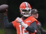 Cleveland Browns quarterback Shedeur Sanders (12) attends an NFL football practice at The Grove in Watford