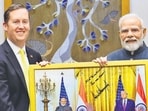 US ambassador-designate Sergio Gor with Prime Minister Narendra Modi during a meeting in Delhi on Saturday. (ANI)