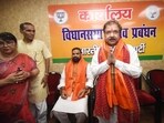 Bihar BJP president Dilip Jaiswal and deputy chief minister Samrat Choudhary at the BJP office in Patna.