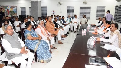 BJP national president JP Nadda with party's Bihar unit president Dilip Jaiswal and deputy CMs Samrat Choudhary and Vijay Sinha at the BJP Core Committee meeting in Patna on September 13. (Santosh Kumar/ HT Photo)