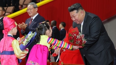 At the military parade, Kim said the country's military's heroism will not only be seen in the defense of North Korean land but also in "outposts of socialist construction." (AFP) At the military parade, Kim said the country's military's heroism will not only be seen in the defense of North Korean land but also in "outposts of socialist construction." (AFP)