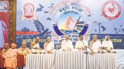 Mumbai, India. Oct 11, 2025 - A Dharma Sabha organised by the Jain community at Yogi Sabhagraha in Dadar for the re-opening of Kabutar Khannas in Mumbai, and a prayer meeting for the pigeons that died due to starvation in Mumbai. Mumbai, India. Oct 11, 2025. (Photo by Raju Shinde/HT Photo) (Raju Shinde)