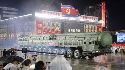 This photo provided by North Korean government shows what it says a new intercontinental ballistic missile called the Hwasong-20, during a military parade marking the 80th anniversary of the founding of the ruling Worker's Party, in Pyongyang, North Korea, Friday, Oct. 10, 2025. (AP)