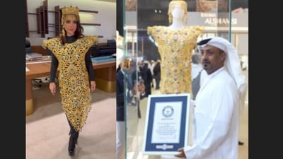 A gold dress weighing over 10 kg set a world record for its $1,088,000 value. (Instagram/guinnessworldrecords) A gold dress weighing over 10 kg set a world record for its $1,088,000 value. (Instagram/guinnessworldrecords)