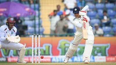Shubman Gill plays a shot during the second day of the Second and Final Test cricket match between India and West Indies. (Hindustan Times) Shubman Gill plays a shot during the second day of the Second and Final Test cricket match between India and West Indies. (Hindustan Times)