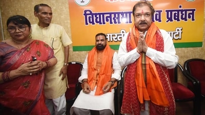 Bihar BJP president Dilip Jaiswal and deputy chief minister Samrat Choudhary at the BJP office in Patna. (Santosh Kumar/ Hindustan Times)