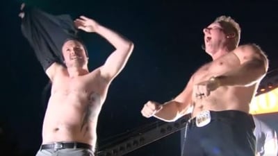 Dan Lanning and Pat McAfee go shirtless on College GameDay to cheer up Oregon fans. (X/@espn)