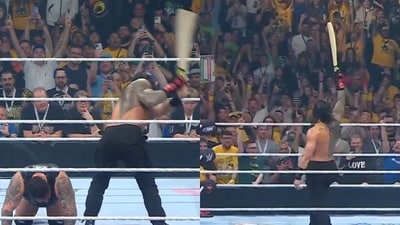 Roman Reigns uses a cricket bat during the WWE Crown Jewel event. (@WWE/x.com) Roman Reigns uses a cricket bat during the WWE Crown Jewel event. (@WWE/x.com)