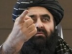Afghanistan foreign minister Amir Khan Muttaqi addressing a press conference in New Delhi on Sunday. (PTI)