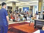 Members of the media attend a press conference with Afghanistan's Taliban Foreign Minister Amir Khan Muttaqi, in New Delhi, on Sunday. (REUTERS)