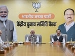 Prime Minister Narendra Modi and other senior leaders during the BJP’s central election committee (CEC) meeting at the party headquarters in Delhi on Sunday. (ANI) Prime Minister Narendra Modi and other senior leaders during the BJP’s central election committee (CEC) meeting at the party headquarters in Delhi on Sunday. (ANI)