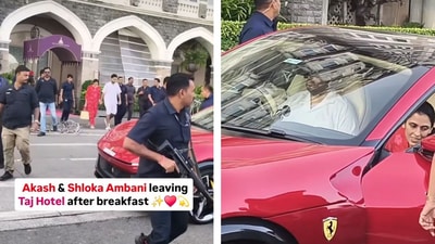 Akash Ambani and Shloka Mehta spotted leaving Taj Mumbai. (Instagram/@ambani_update) Akash Ambani and Shloka Mehta spotted leaving Taj Mumbai. (Instagram/@ambani_update)