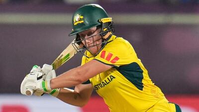 Australia captain Alyssa Healy plays a shot during her match-winning knock of 142 against India in the Women’s ODI World Cup game in Visakhapatnam on Sunday. (AP)