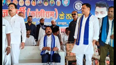Azad Samaj Party president and Nagina MP Chandrashekhar Azad ‘Ravan’ during an event in Prayagraj on Sunday. (HT)