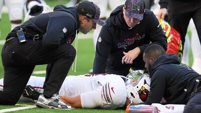 Arizona Cardinals' Travis Vokolek is injured during the first half of an NFL football game against the Indianapolis Colts Sunday, Oct. 12, 2025, in Indianapolis. (AP Photo/Michael Conroy) (AP) Arizona Cardinals' Travis Vokolek is injured during the first half of an NFL football game against the Indianapolis Colts Sunday, Oct. 12, 2025, in Indianapolis. (AP Photo/Michael Conroy) (AP)