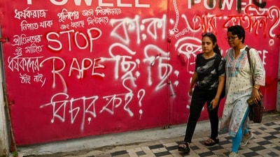 Kolkata, India - Sept. 12, 2024: Wall grafitti are seen during sit-in protest by junior doctors over the alleged rape and murder of a trainee doctor at RG Kar Hospital near Swasthya Bhawan in Kolkata, India, on Thursday, September 12, 2024.  (Photo by Samir Jana/ Hindustan Times) (Hindustan Times)