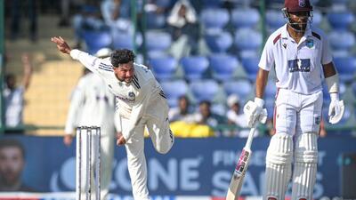 India left-arm wrist spinner Kuldeep Yadav during Day 3 of the second Test against West Indies in New Delhi on Sunday. (Sanchit Khanna/HT Photo) India left-arm wrist spinner Kuldeep Yadav during Day 3 of the second Test against West Indies in New Delhi on Sunday. (Sanchit Khanna/HT Photo)