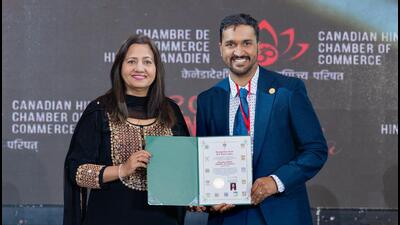 Liberal Party MP Sonia Sidhu with Canadian Hindu Chamber of Commerce president Kushagr Dutt Sharma at the Dhanteras gala on Friday evening. (Credit: CHCC) Liberal Party MP Sonia Sidhu with Canadian Hindu Chamber of Commerce president Kushagr Dutt Sharma at the Dhanteras gala on Friday evening. (Credit: CHCC)