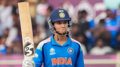 Smriti Mandhana celebrates her half century. (PTI ) Smriti Mandhana celebrates her half century. (PTI )