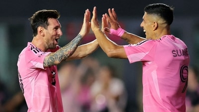 Inter Miami CF forward Luis Suarez (9) celebrates with forward Lionel Messi (10) after scoring a goal against Los Angeles Galaxy (IMAGN IMAGES via Reuters Connect)
