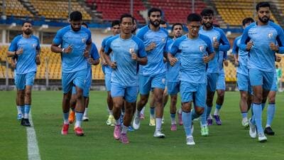 The Indian football team members at training on Sunday, two days ahead of their Asian Cup qualifying group match against Singapore at Margao. (AIFF Photo) The Indian football team members at training on Sunday, two days ahead of their Asian Cup qualifying group match against Singapore at Margao. (AIFF Photo)