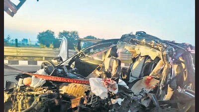 The mangled remains of the car after the mishap in Sonepat. (HT photo)