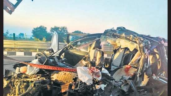 The mangled remains of the car after the mishap in Sonepat. (HT photo)