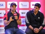 Indian javelin throwers Neeraj Chopra, left, and Sachin Yadav during a press conference.