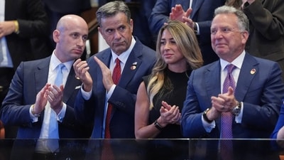 White House deputy chief of staff Stephen Miller, CIA Director John Ratcliffe, Lauren Rappoport, and White House Special Envoy to the Middle East Steve Witkoff listen as President Donald Trump speaks to the Knesset, Israel's parliament, Monday, Oct. 13, 2025, in Jerusalem.     Evan Vucci/Pool via REUTERS (via REUTERS)