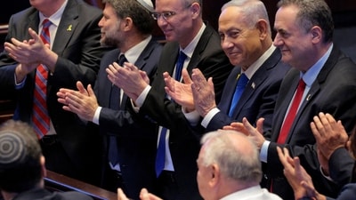 Netanyahu applauds while U.S. President Donald Trump addresses the Knesset, Israel’s parliament, on October 13, 2025 in Jerusalem. Chip Somodevilla/Pool via REUTERS (via REUTERS)