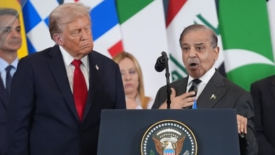 President Donald Trump listens as Pakistan's Prime Minister Shehbaz Sharif speaks during a summit to support ending the more than two-year Israel-Hamas war in Gaza after a breakthrough ceasefire deal, Monday, Oct. 13, 2025, in Sharm El Sheikh, Egypt. (AP)