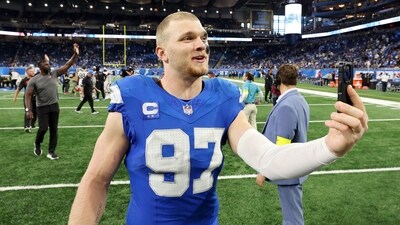 Detroit Lions's Aidan Hutchinson celebrates after defeating the Cleveland Browns at Ford Field. (Getty Images via AFP) Detroit Lions's Aidan Hutchinson celebrates after defeating the Cleveland Browns at Ford Field. (Getty Images via AFP)