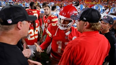 Patrick Mahomes #15 of the Kansas City Chiefs speaks with Head coach Dan Campbell of the Detroit Lions after the game at Arrowhead Stadium on October 12, 2025 in Kansas City, Missouri. (Getty Images via AFP) Patrick Mahomes #15 of the Kansas City Chiefs speaks with Head coach Dan Campbell of the Detroit Lions after the game at Arrowhead Stadium on October 12, 2025 in Kansas City, Missouri. (Getty Images via AFP)
