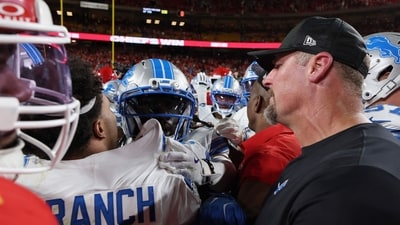 Head coach Dan Campbell of the Detroit Lions speaks to Brian Branch #32 after the game against the Kansas City Chiefs at Arrowhead Stadium on October 12, 2025 in Kansas City, Missouri. (Getty Images via AFP) Head coach Dan Campbell of the Detroit Lions speaks to Brian Branch #32 after the game against the Kansas City Chiefs at Arrowhead Stadium on October 12, 2025 in Kansas City, Missouri. (Getty Images via AFP)