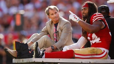 Fred Warner of the San Francisco 49ers is carted off of the field after being injured during the first quarter against the Tampa Bay Buccaneers. (Getty Images via AFP) Fred Warner of the San Francisco 49ers is carted off of the field after being injured during the first quarter against the Tampa Bay Buccaneers. (Getty Images via AFP)