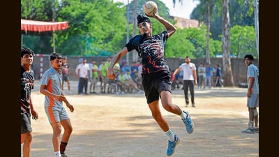 Handball players in action during the 69th Punjab Inter-District School Games at PAU in Ludhiana on Monday. (HT Photo) Handball players in action during the 69th Punjab Inter-District School Games at PAU in Ludhiana on Monday. (HT Photo)