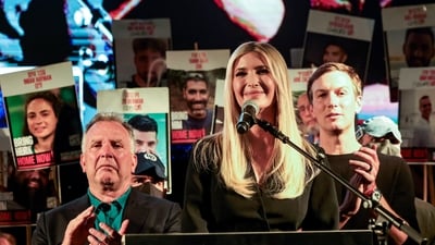 Ivanka Trump speaks in "Hostages square", flanked by Jared Kushner and U.S. Special Envoy to the Middle East Steve Witkoff, after a ceasefire between Israel and Hamas in Gaza went into effect, in Tel Aviv, Israel, October 11, 2025. REUTERS/Ronen Zvulun (REUTERS)