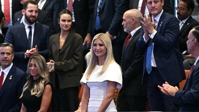 Ivanka Trump acknowledges applause at the Israeli parliament, the Knesset, in Jerusalem on October 13, 2025. Hamas handed over the 20 surviving Israeli hostages on October 13 under a ceasefire agreement, as the US President and other world leaders geared up for a summit on Gaza. The releases are part of a ceasefire agreement brokered by the US President, with Israel due in return to free nearly 2,000 detainees held in its jails in exchange. (Photo by SAUL LOEB / POOL / AFP) (AFP) Ivanka Trump acknowledges applause at the Israeli parliament, the Knesset, in Jerusalem on October 13, 2025. Hamas handed over the 20 surviving Israeli hostages on October 13 under a ceasefire agreement, as the US President and other world leaders geared up for a summit on Gaza. The releases are part of a ceasefire agreement brokered by the US President, with Israel due in return to free nearly 2,000 detainees held in its jails in exchange. (Photo by SAUL LOEB / POOL / AFP) (AFP)