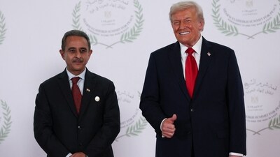 US President Donald Trump and MoS for external affairs Kirti Vardhan Singh at the Gaza peace summit on Monday. (Reuters) US President Donald Trump and MoS for external affairs Kirti Vardhan Singh at the Gaza peace summit on Monday. (Reuters)