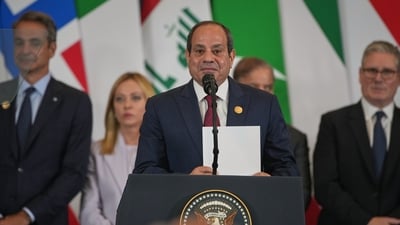 Egypt's President Abdel Fattah al-Sisi speaks during a summit to support ending the more than two-year Israel-Hamas war in Gaza after a breakthrough ceasefire deal on Monday. (AP) Egypt's President Abdel Fattah al-Sisi speaks during a summit to support ending the more than two-year Israel-Hamas war in Gaza after a breakthrough ceasefire deal on Monday. (AP)