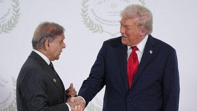 US President Donald Trump greets Pakistan's Prime Minister Shehbaz Sharif during the summit on Gaza in Sharm el-Sheikh, Egypt, on October 13, 2025. (AFP) US President Donald Trump greets Pakistan's Prime Minister Shehbaz Sharif during the summit on Gaza in Sharm el-Sheikh, Egypt, on October 13, 2025. (AFP)