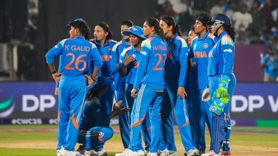 India's Shree Charani with teammates celebrates after taking the wicket of Australia's captain Alyssa Healy during the Women's World Cup match (PTI ) India's Shree Charani with teammates celebrates after taking the wicket of Australia's captain Alyssa Healy during the Women's World Cup match (PTI )
