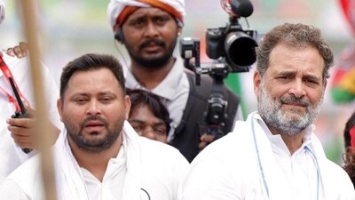FILE: Leader of Opposition in the Lok Sabha and Congress leader Rahul Gandhi with former Uttar Pradesh Chief Minister Akhilesh Yadav, RJD leader Tejashwi Yadav during Voter Adhikar Yatra at Saran. (Photo by / Hindustan Times) (Hindustan Times)