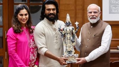 Ram Charan along with his wife Upasana Kamineni Konidela met PM Modi in New Delhi on Saturday. Ram Charan along with his wife Upasana Kamineni Konidela met PM Modi in New Delhi on Saturday.