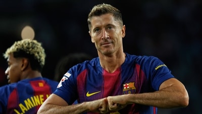 Robert Lewandowski celebrates scoring his side's 2nd goal during a Spanish La Liga soccer match between FC Barcelona and Real Sociedad. (AP) Robert Lewandowski celebrates scoring his side's 2nd goal during a Spanish La Liga soccer match between FC Barcelona and Real Sociedad. (AP)