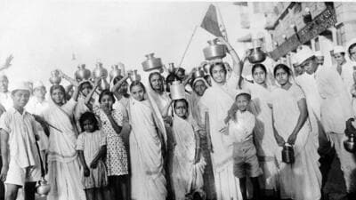 The Gujeratis [Gujaratis] took special interests in the civil disobedience movement because the Mahatma requested their support. Here’s a group of young Gujeratis [Gujarati] women carring [carrying] sea water to their respective homes for the purpose of making salt. Photo taken 15th March 1930.” Gelatin Silver Print, 114 x 164 mm. (Photographing Civil Disobedience, Bombay 1930-31, published by Alkazi Collection of Photography in association with Mapin Publishing)