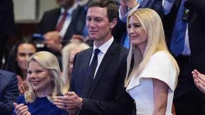 Jared Kushner and Ivanka Trump are recognized by President Donald Trump as he speaks to the Knesset, Israel's parliament, Monday, Oct. 13, 2025, in Jerusalem, as Sara Netanyahu applauds. (AP Photo/Evan Vucci, Pool) (AP)